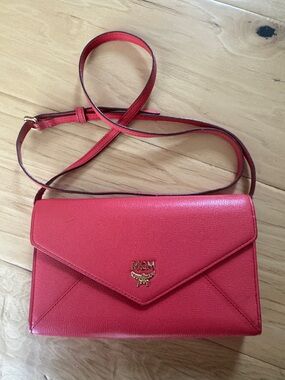 MCM Red Leather Envelope Crossbody with Gold Logo